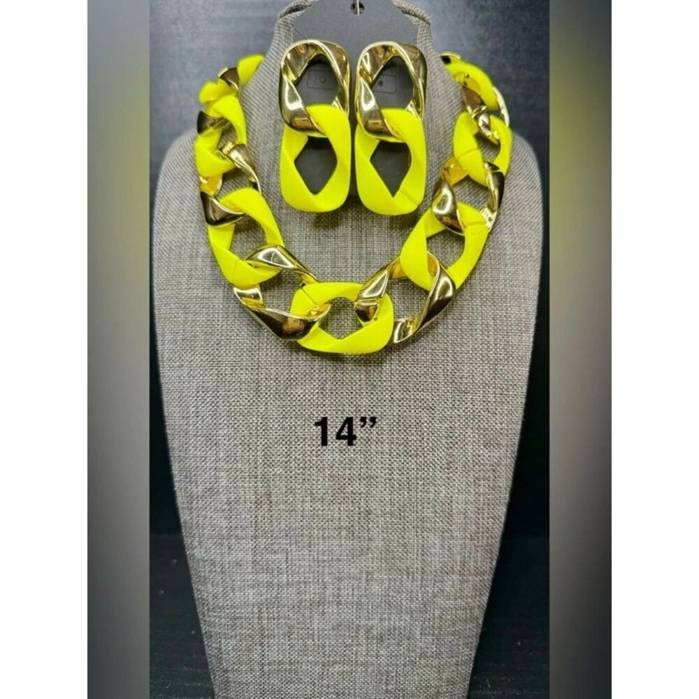 51. Neon Yellow and Gold Link Necklace and Earring Set